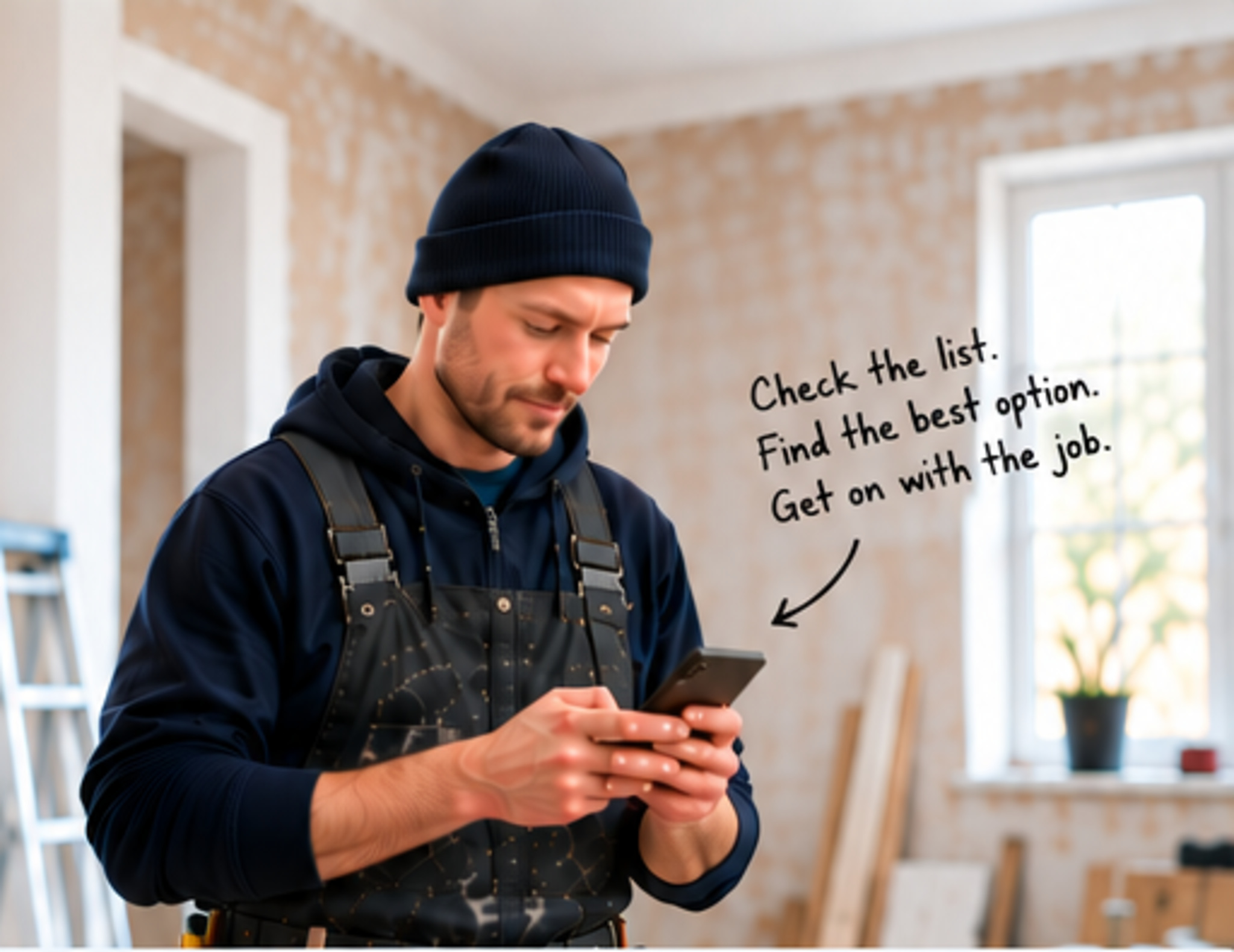 Tradesperson checking his phone inside a renovation project